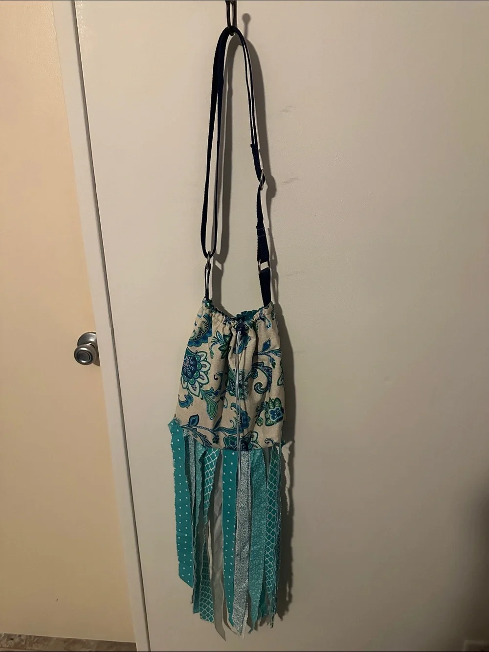Floral Teal Drawstring Shoulder Bag with Ribbon Fringe